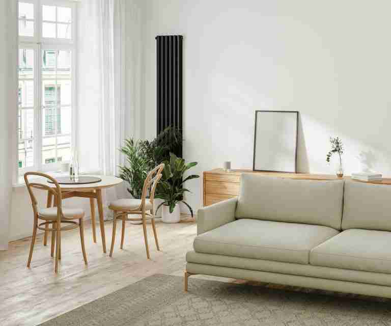 Modern living room interior with beige sofa, dining table, chest of drawers with poster frame, 3d