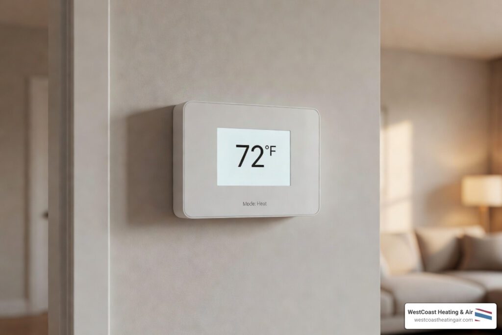 homeowner adjusting thermostat in a comfortable modern home - how ductless systems solve hot and cold spots