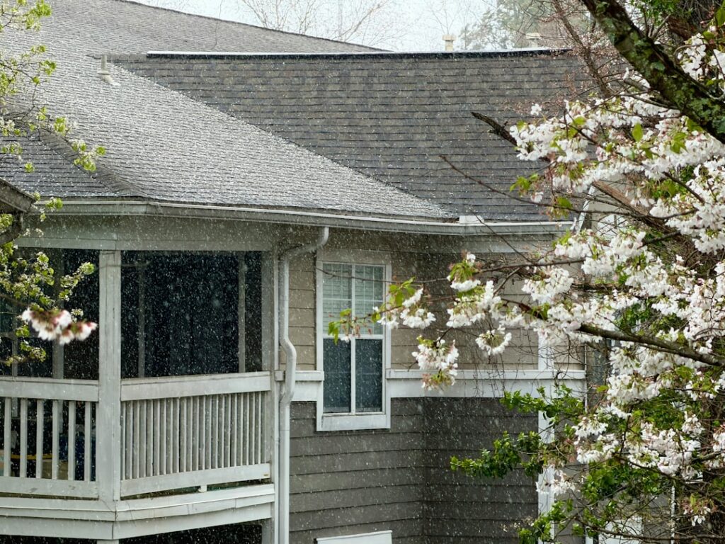 rainy day outdoor heat pump residential home Pacific Northwest damp weather