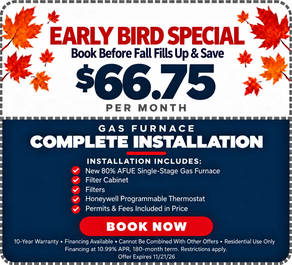 Early Bird Special: gas furnace complete installation for $66.75 per month